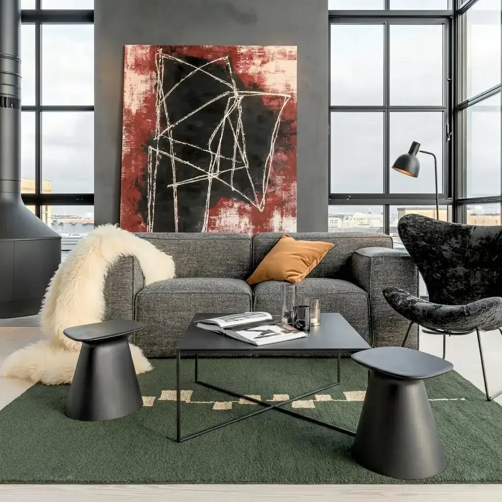 Tamnozeleni vuneni tepih u zagrebačkom loft prostoru s industrijskim prozorima i sivim namještajem