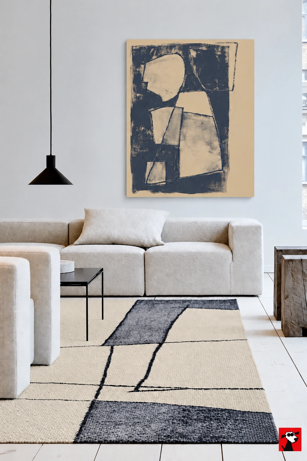 Veldor tepih s geometrijskim linijama uz bijelu sofu